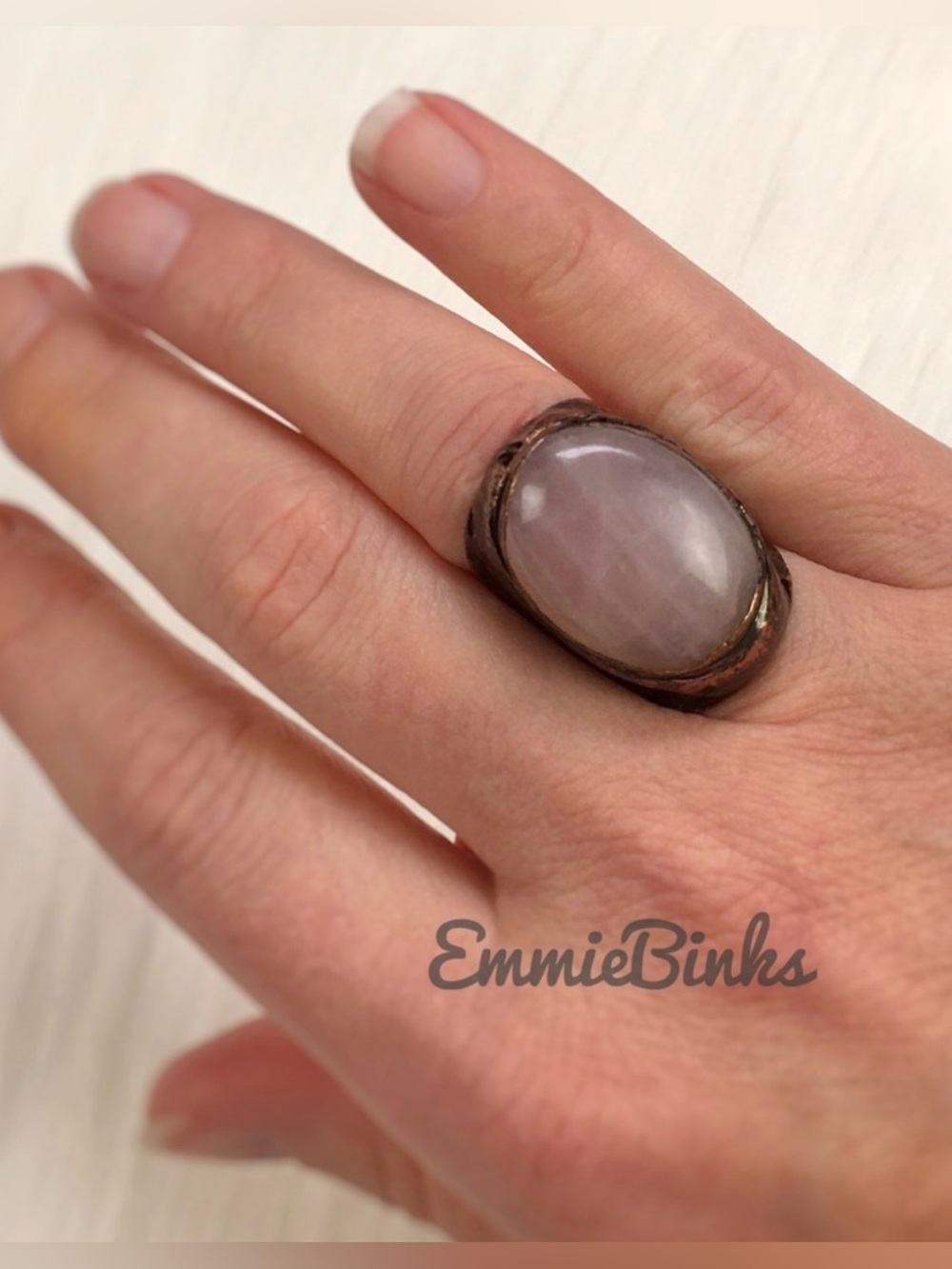 New Natural Rose Quartz Hammered Copper Statement Cocktail Ring